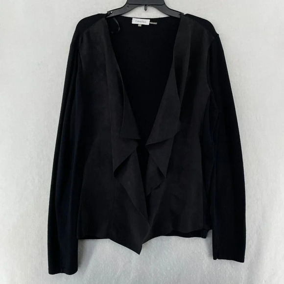 Calvin & Klein Blazer Women's Sz L Black Plain Open Front Drape Ruffle Lapel - Picture 1 of 13
